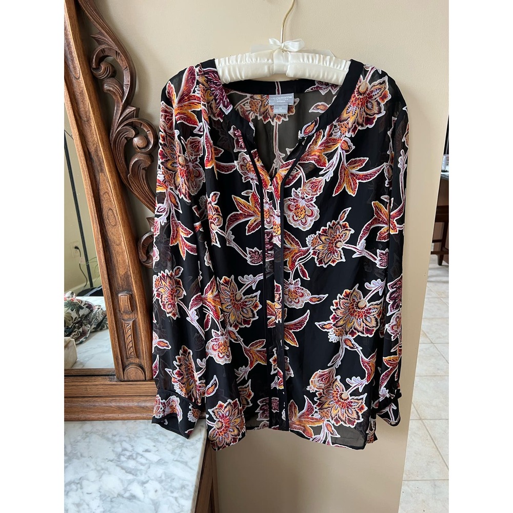 Liz Claiborne Signature Women Floral Semi Sheer Long Sleeve Blouse